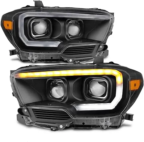 AKKON - For NEW Sequential LED Tube Design Black 2016-2023 Toyota Tacoma SR/SR5 Dual Square Projector Headlights