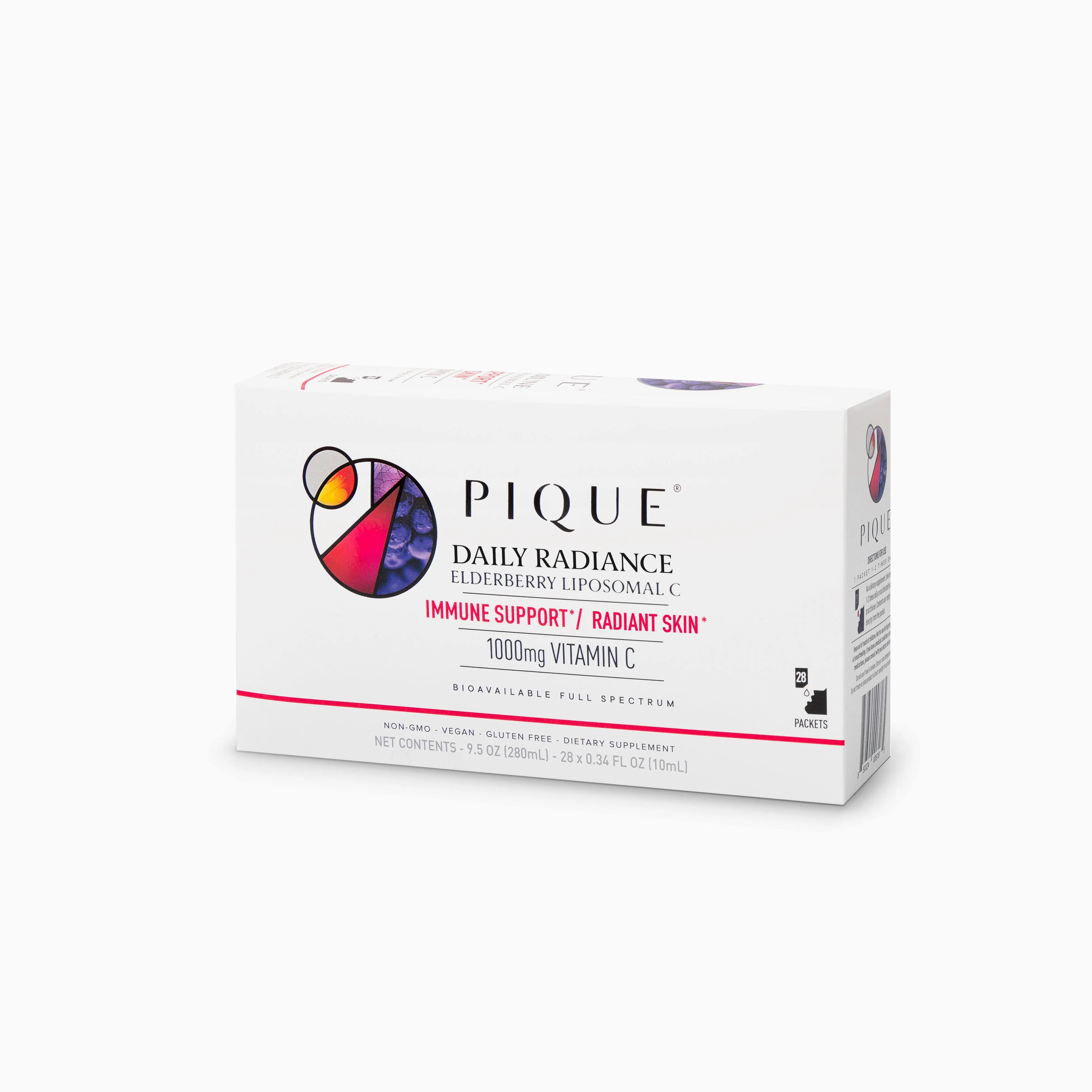 PIQUE Daily Radiance Liposomal Vitamin C for Immune Support - 1,000 mg Vitamin C & 1,900 mg Elderberry per Packet, Powerful Antioxidants for Healthy Collagen Production - 28 Packets (10mL Each)