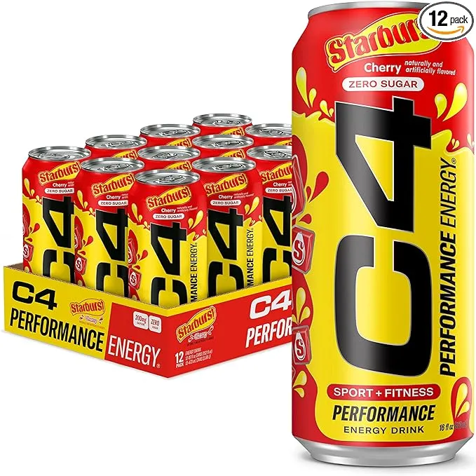 Cellucor C4 Energy Drink, Starburst Cherry, Carbonated Sugar Free Pre Workout Performance Drink with no Artificial Colors or Dyes, 16 Oz, 12 count