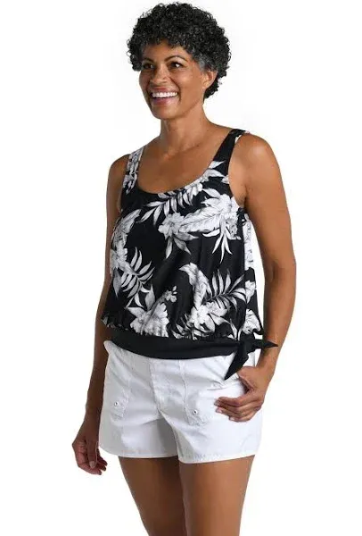 Maxine Women's Tropic Paradise Banded Scoop Blouson Tankini Top - Black ...