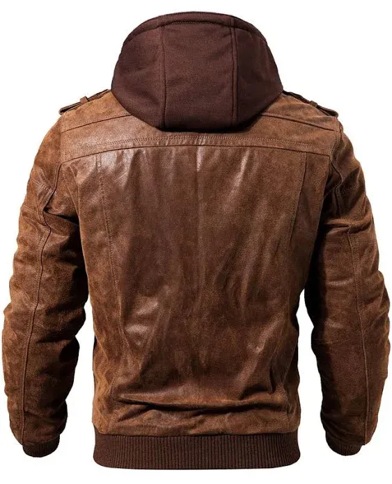 FLAVOR Men's Brown Leather Motorcyle Jacket with Removable Hood