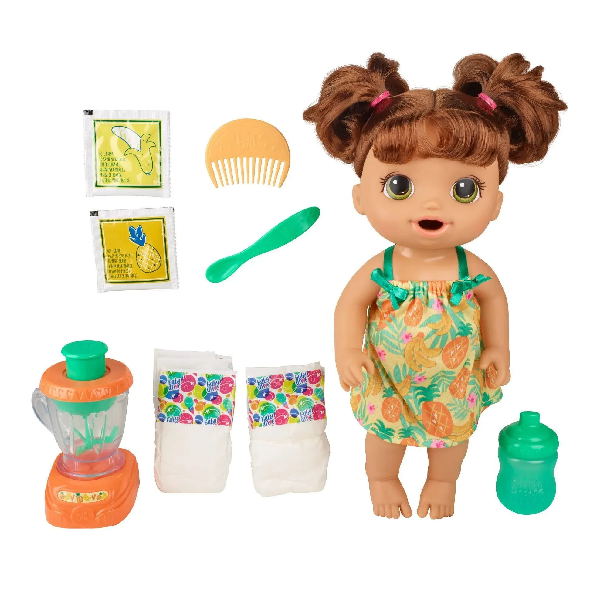 Baby Alive Magical Mixer Baby Doll Tropical Treat with Blender Accessories, Drinks, Wets, Eats, Brown Hair Toy for Kids Ages 3 and Up