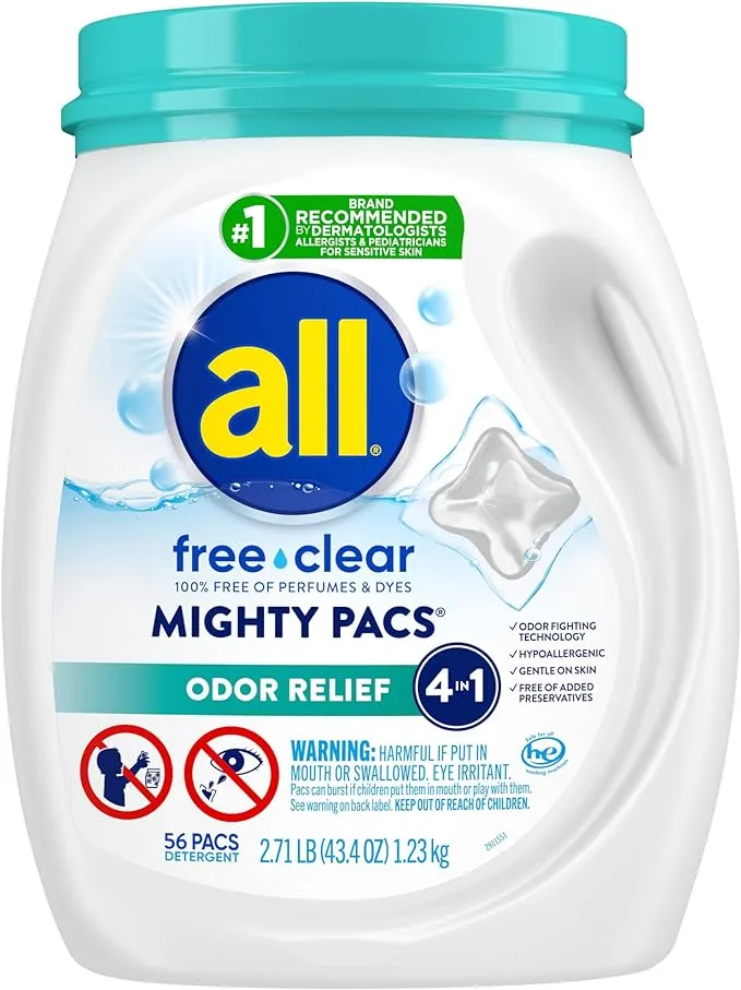 All with Stainlifters Detergent, Free Clear, Odor Relief, 4 in 1 Mighty Pacs - 56 pacs, 2.71 lb