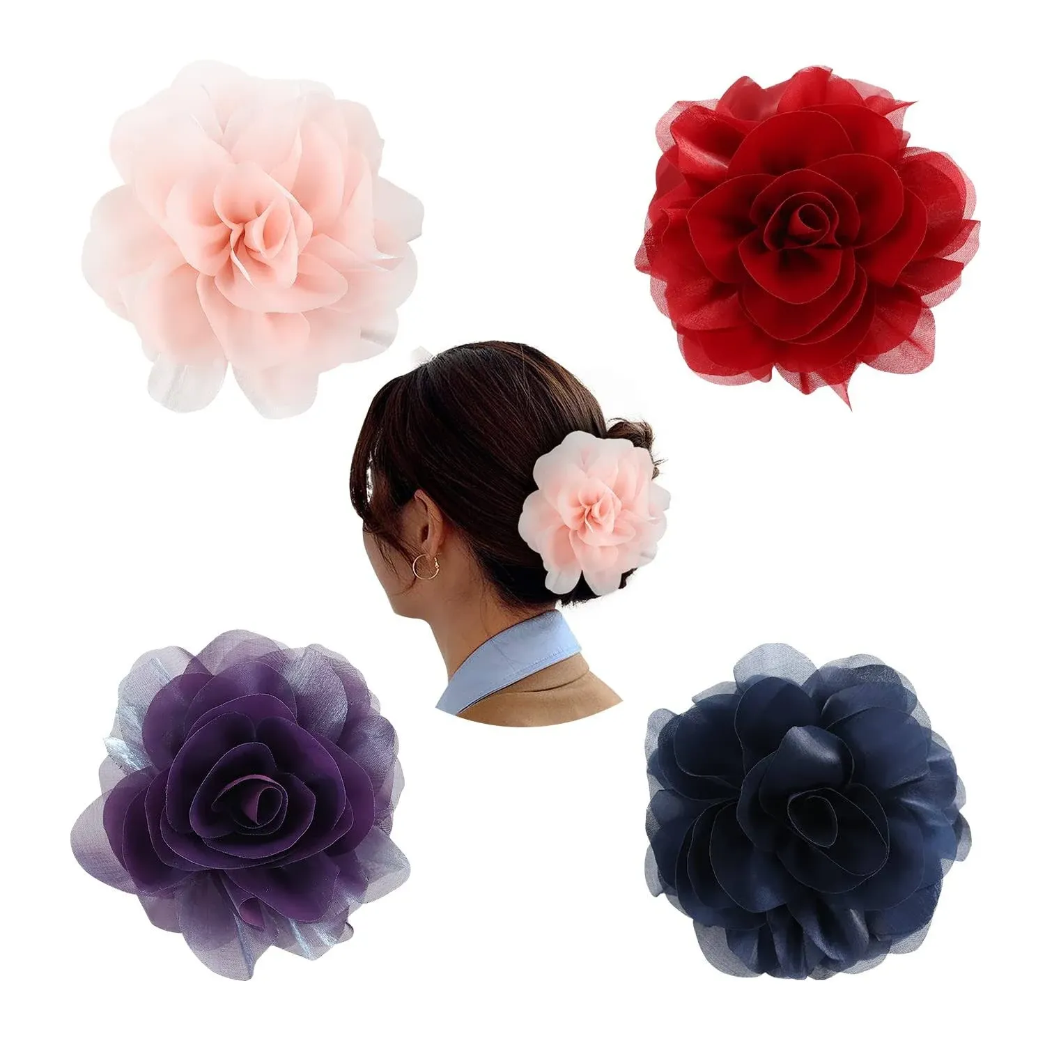 Cinaci 4 Pack Chiffon Big Rose Flower Bow Plastic Hair Claw Clips Barrettes Clamps Ponytail Holder Buns Chignon Holder Accessories for Women Girls