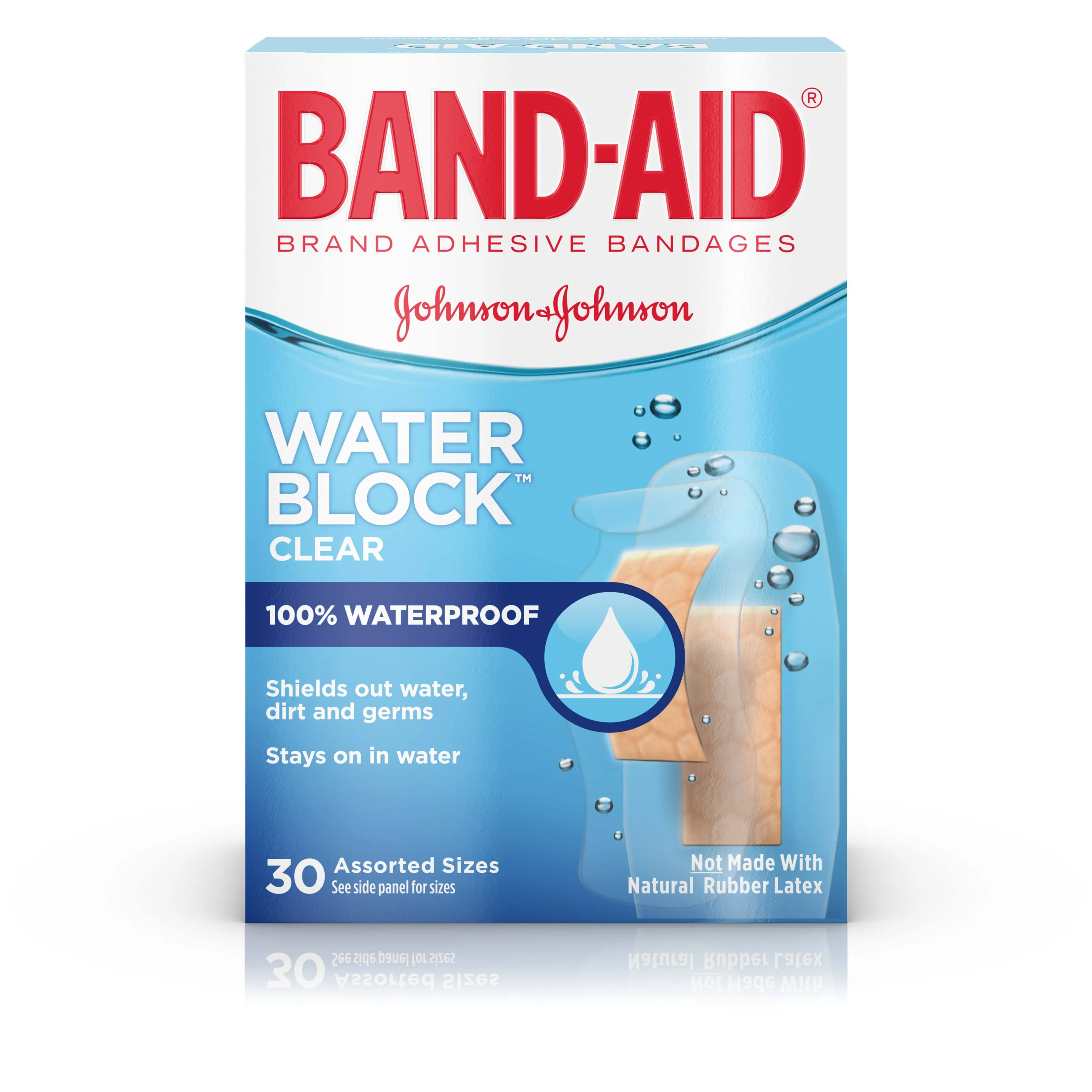 Band-Aid Brand Water Block Clear Waterproof Sterile Adhesive Bandages for First-Aid Wound Care of Minor Cuts and Scrapes, Assorted Sizes, 30 ct