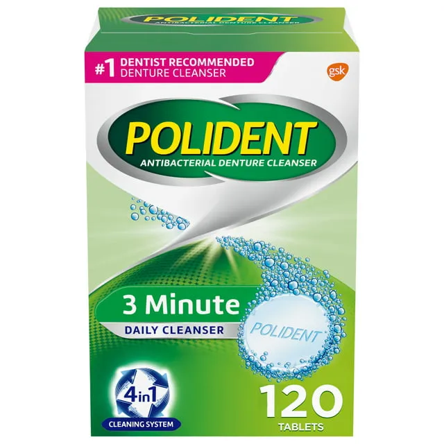 Polident 3 Minute, Antibacterial Denture Cleanser 120 Count