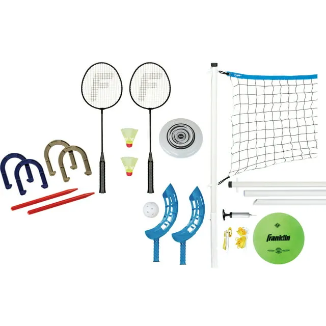 Franklin Sports Fun 5 Combo Outdoor Game Set - Backyard, Beach + Camping Games for Kids - Badminton, Volleyball, Flip Toss, Flying Disc - Horseshoes or Ring Toss