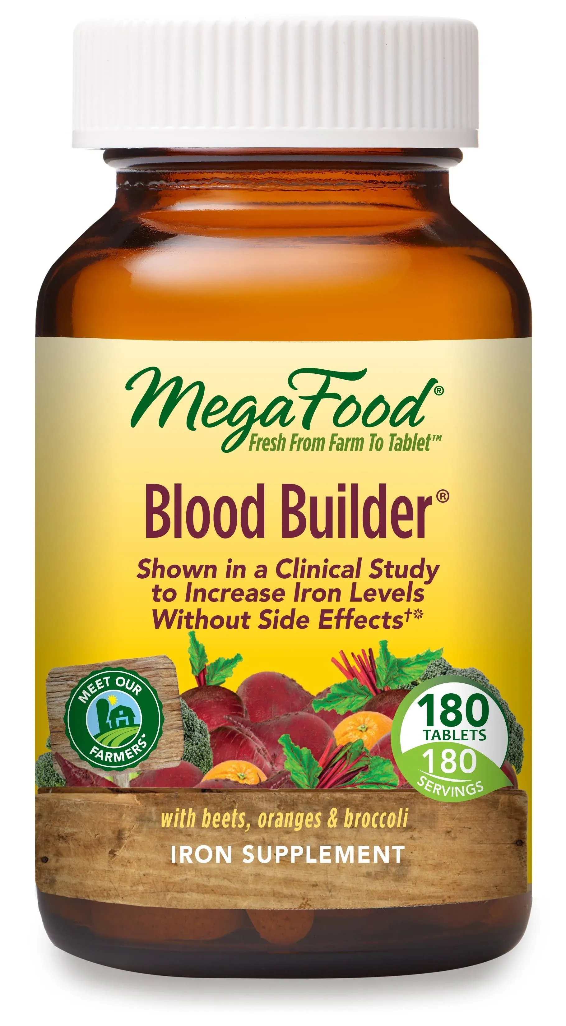 MegaFood Blood Builder - Iron Supplement Clinically Shown to Increase Iron Levels without Side Effects - Energy Support with Iron, Vitamins C and B12, and Folic Acid - Vegan - 180 Tabs