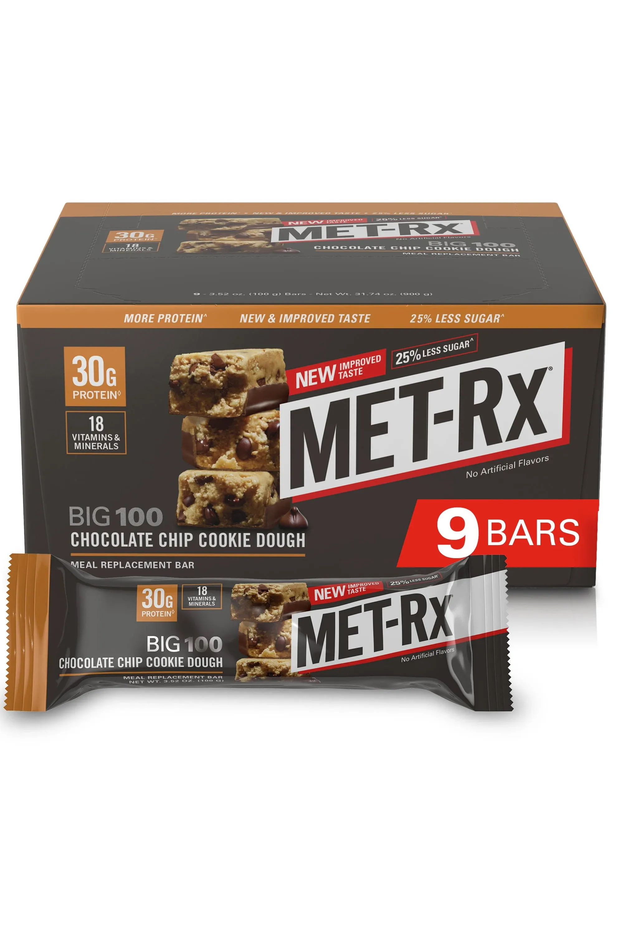 MET-Rx Big 100 Colossal Protein Bars, Chocolate Chip Cookie Dough Meal Replacement Bars, 9 Count (Pack of 1)