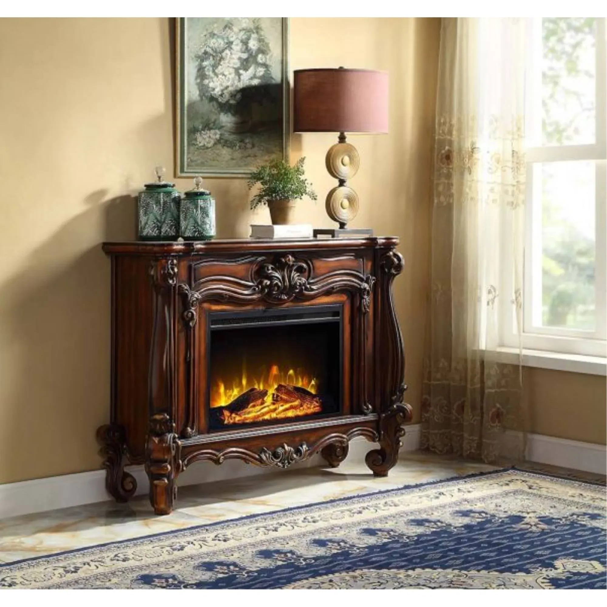 ACME Versailles Rectangular Carving Wooden Frame Fireplace in Cherry Oak