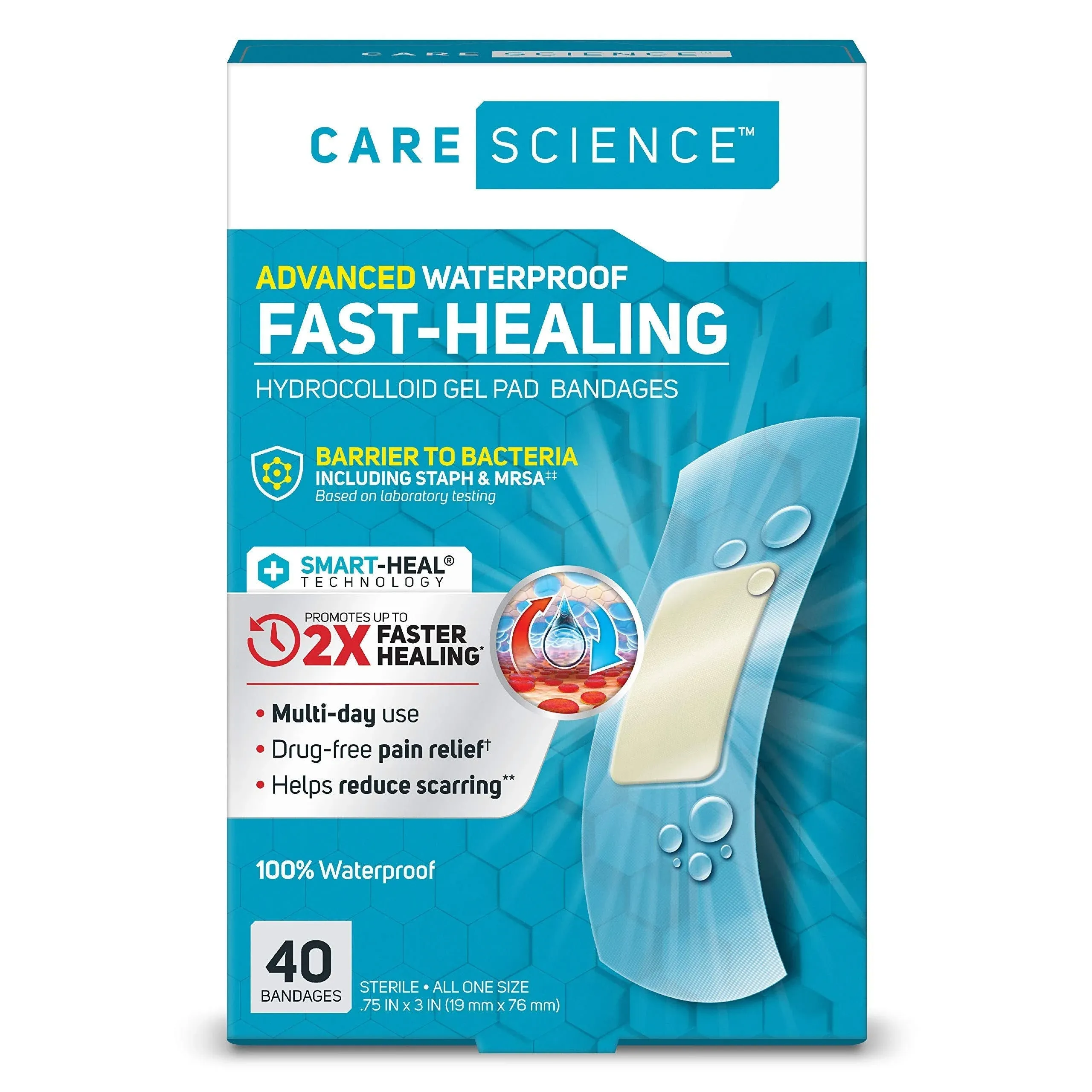 Care Science Fast-Healing Waterproof Hydrocolloid Gel Pad Bandages, 0.75 in x 3 in, 40 ct , 100% Waterproof Seal, 2x Faster Healing, for Blisters or