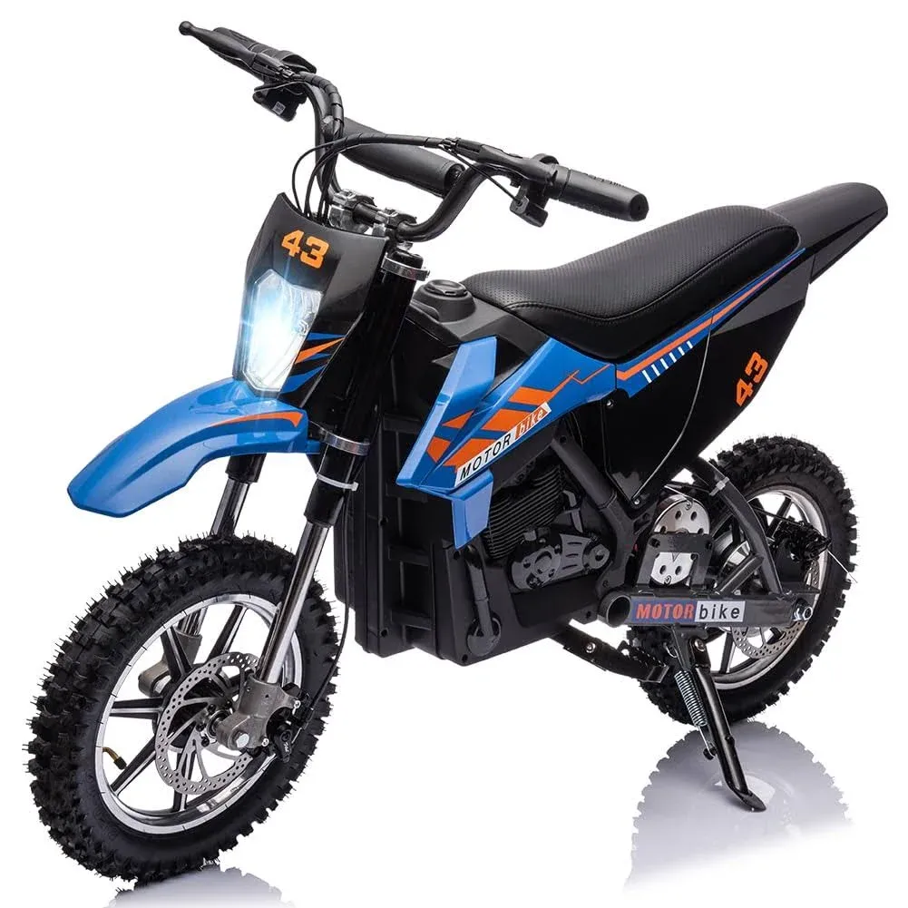 36V Electric Dirt Bike for Kids, Ride on Motorcycle 500W Brushed Motor Variable Speed to 15.5MPH with LED Headlight, Leather Seat,Chain-Driven for Teens Max Load 175lbs,Blue