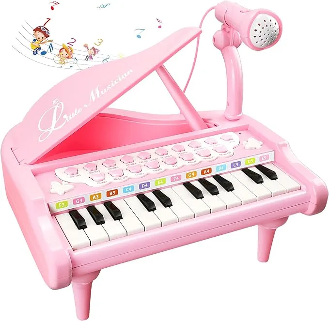 Love&Mini Pink Piano Toys for 1+Year Old Girls First Birthday Gifts Toddler Piano Music Toy Instruments with 24 Keys and Microphone