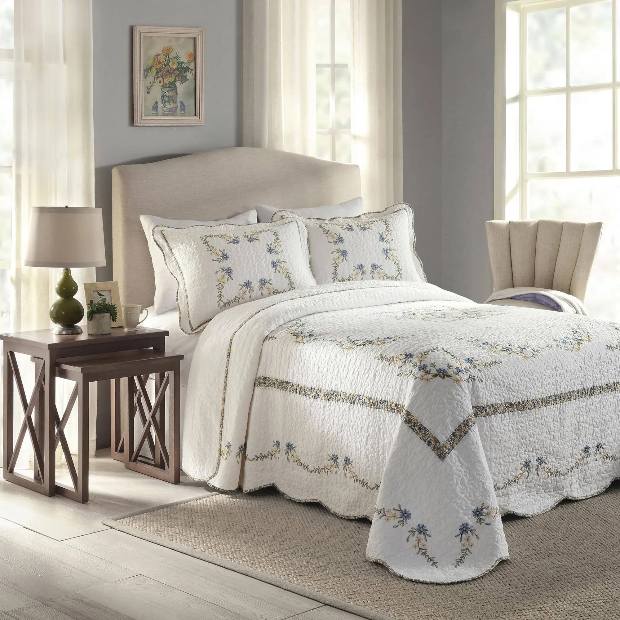 Heather Embroidered Bedspread - Lightweight Breathable All Seasons Bedding, T...