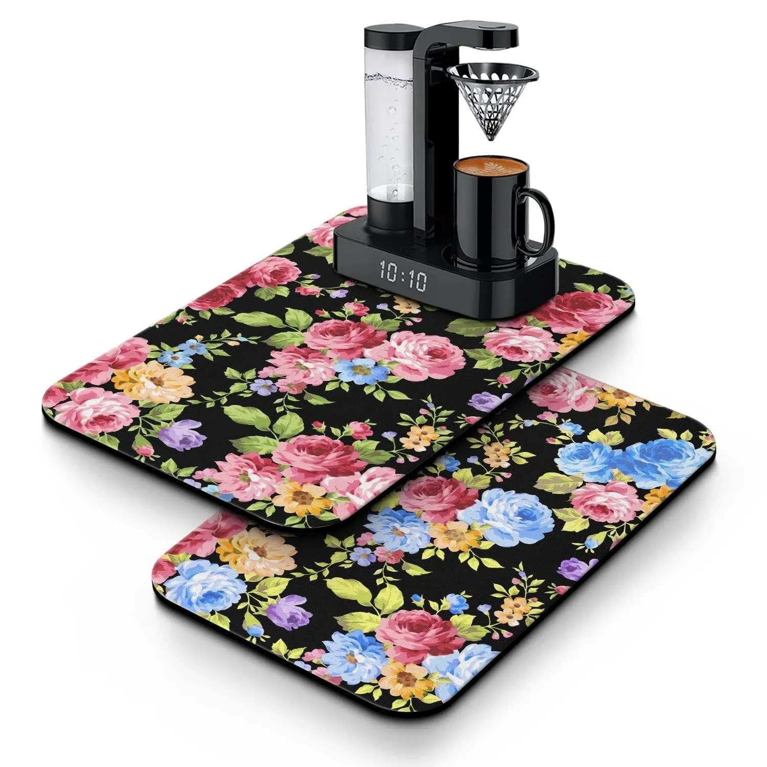 2 Piece Small Flowers Leaves Coffee Bar Mats Set Dish Drying Mat for Kitchen ...