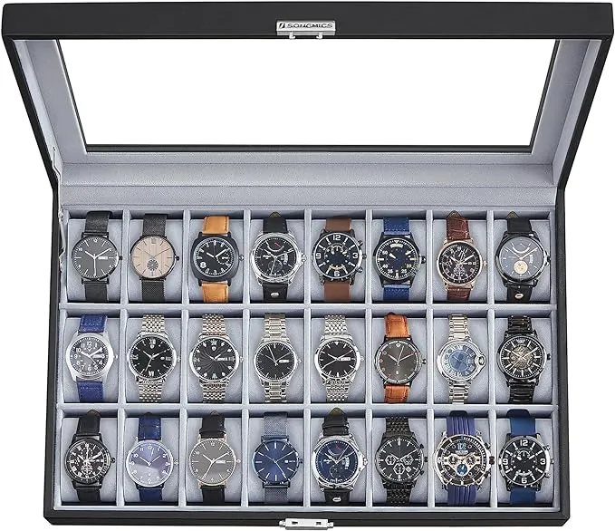 SONGMICS Watch Box, 24-Slot Watch Case, Lockable Watch Storage Box with Glass Lid, Gift Idea, Ink Black Synthetic Leather, Dove Gray Lining UJWB024