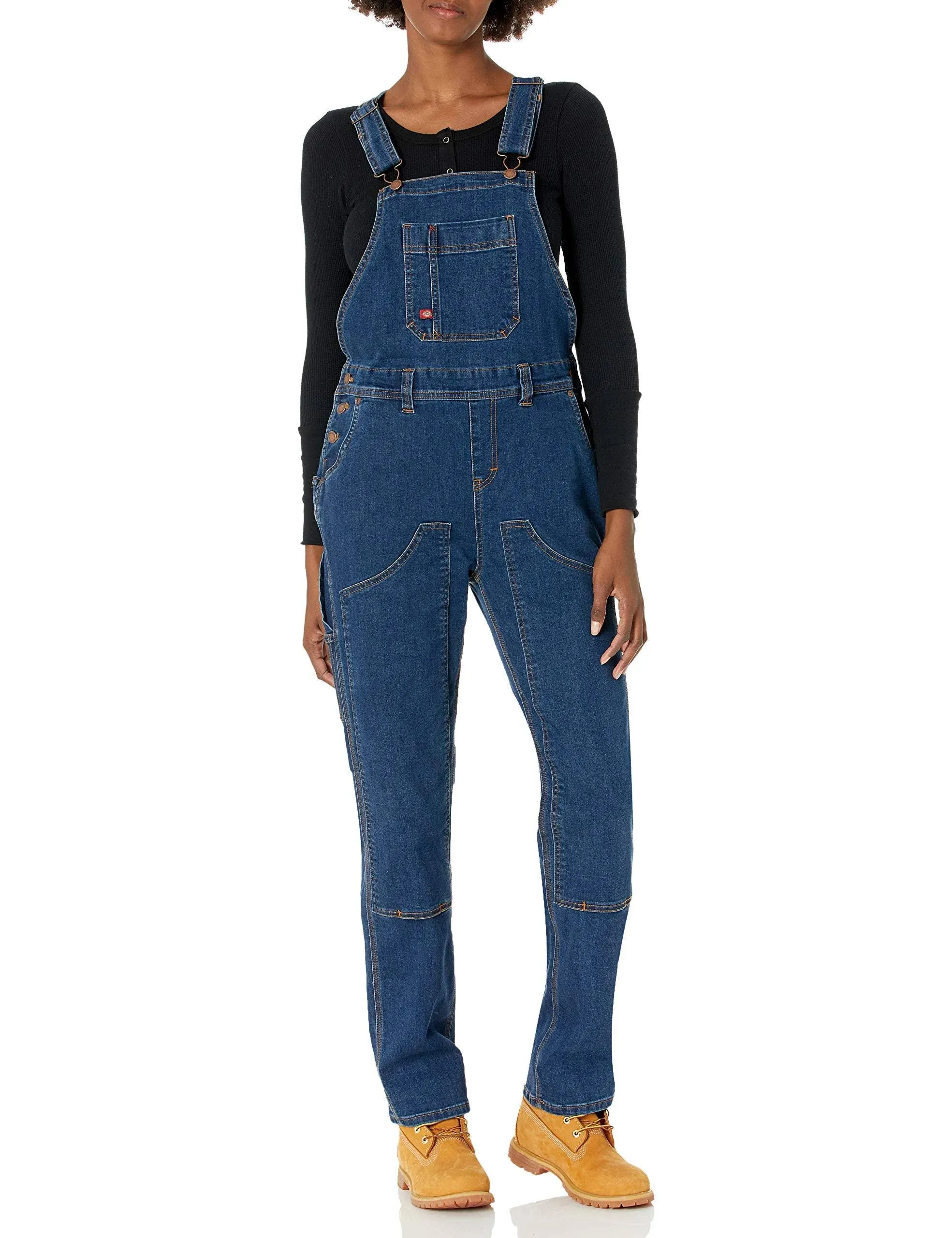 Dickies Women's Double Front Denim Bib Overalls, Dark Stone Wash