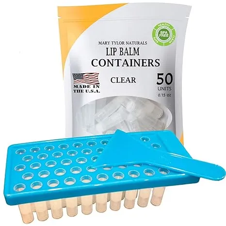 Lip Balm Container Tray Kit with Fill Tray and Spatula, BPA Free, Made in the USA, Includes 50 Clear Containers with Caps (0.15 oz each) by Mary Tylor Naturals