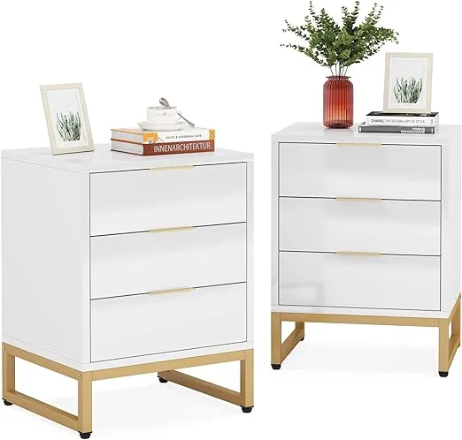 Tribesigns Nightstand Set of 2 Modern 3 Drawers Bedside Table with Metal Frame White Gold Side End Table for Bedroom Living Room