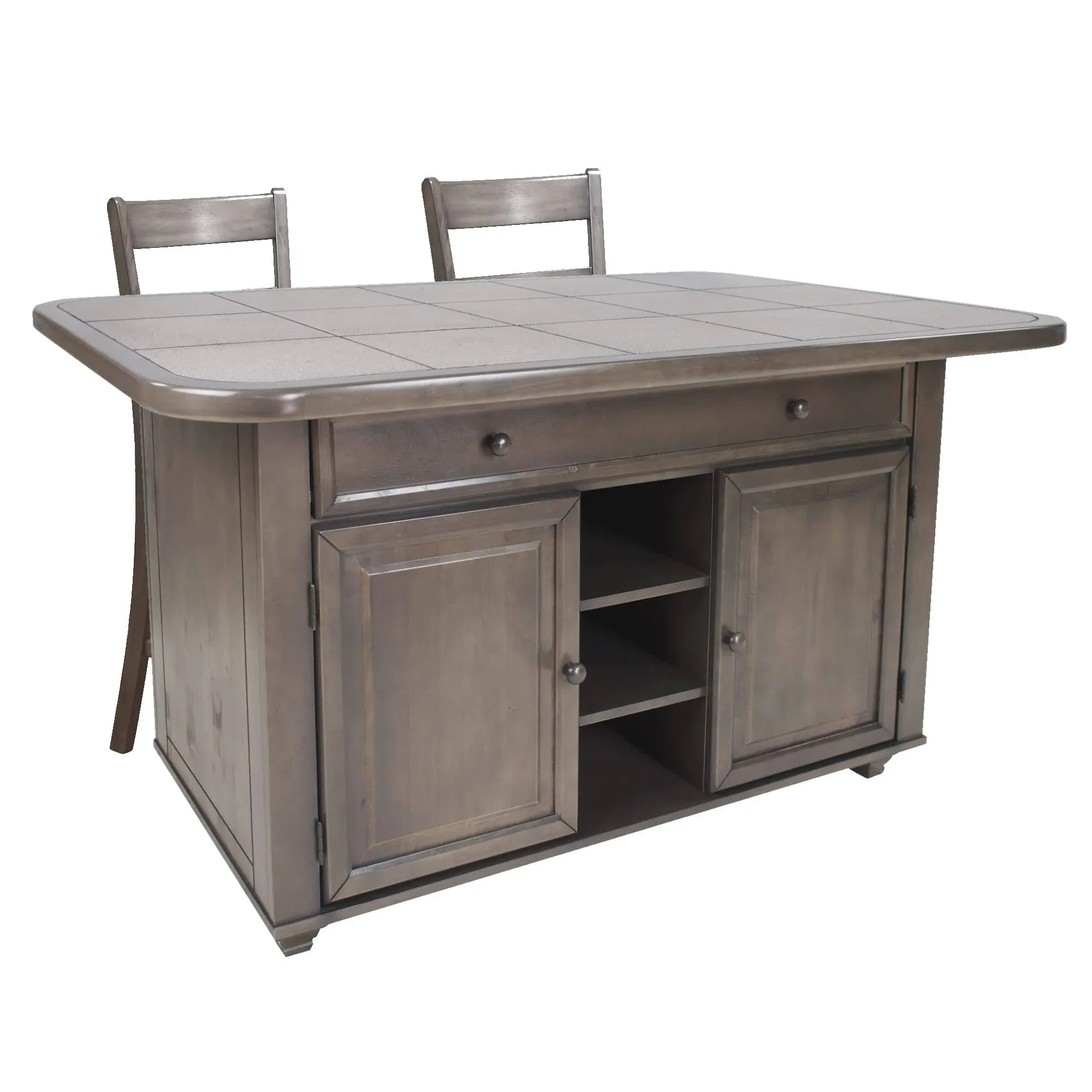 Shades of Gray 3Pc Solid Wood Kitchen Island Set w Grey Tile Top and 2 Barstools