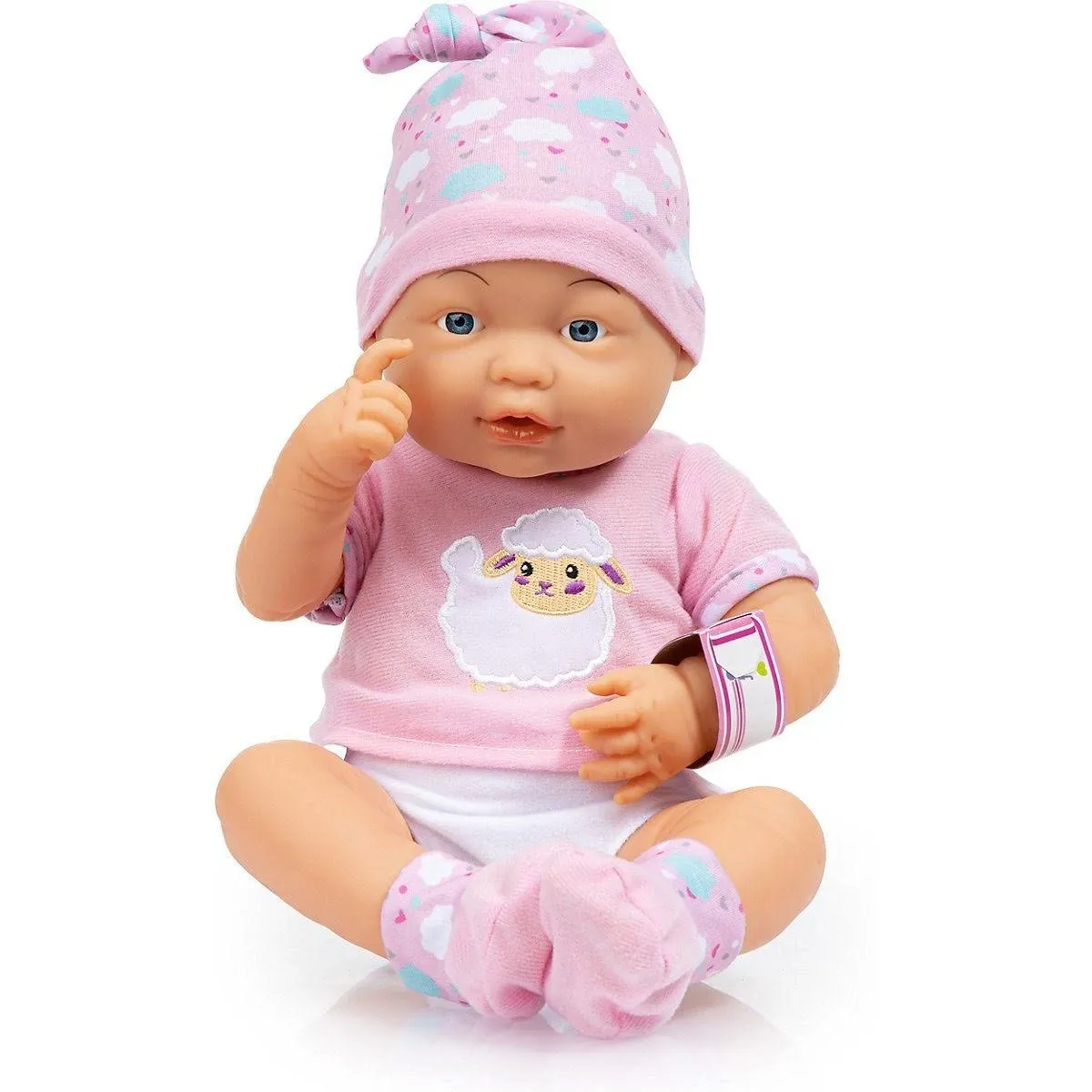 Bayer Design Dolls: New Born Baby - Pink, Sheep - with Outfit & Accessories, 15" (38cm) Hard Body Doll with Fixed Eyes, Doll Can Be Bathed, Suitable for Children Ages 3+