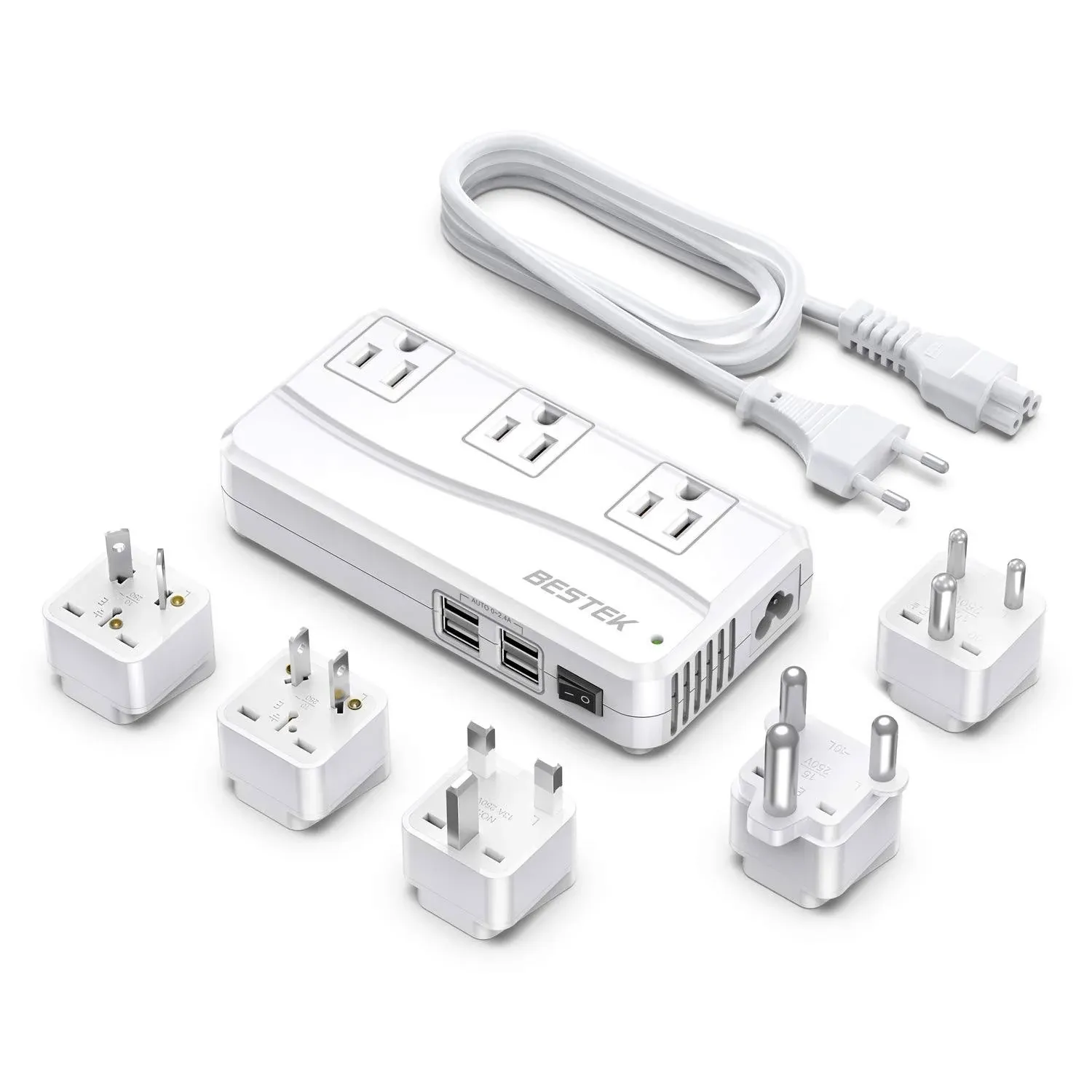 BESTEK Universal Travel Adapter 220V to 110V Voltage Converter with 6A 4-Port USB Charging and UK/AU/US/EU Worldwide Plug Adapter (White)