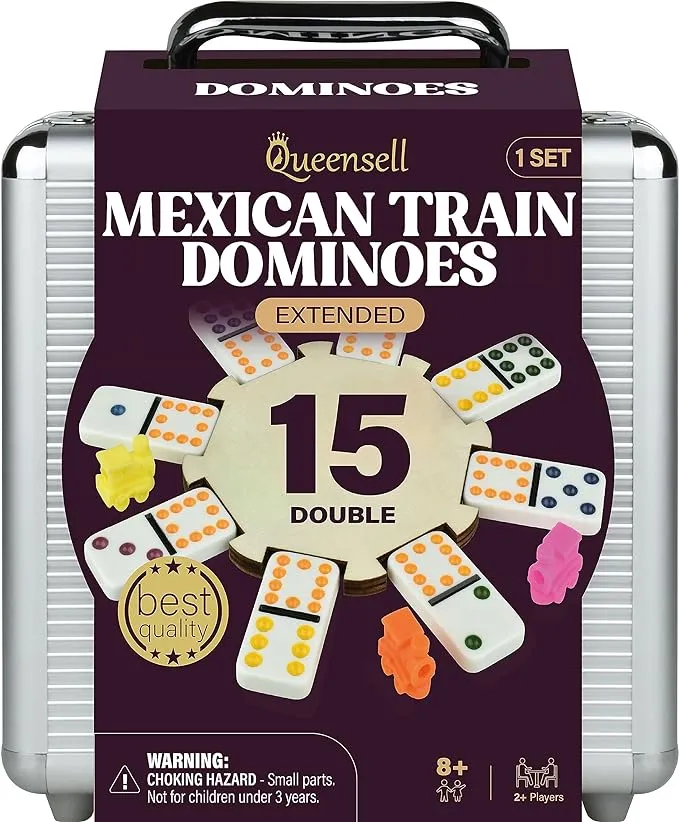 Queensell Mexican Train Dominoes Set Double 15, Dominoes Set for Adults and Family, Mexican Train Double 15 Dominoes Set Colored Dot - 136 Tiles, 9 Trains, Wooden Hub, Aluminum Case (Double 15)