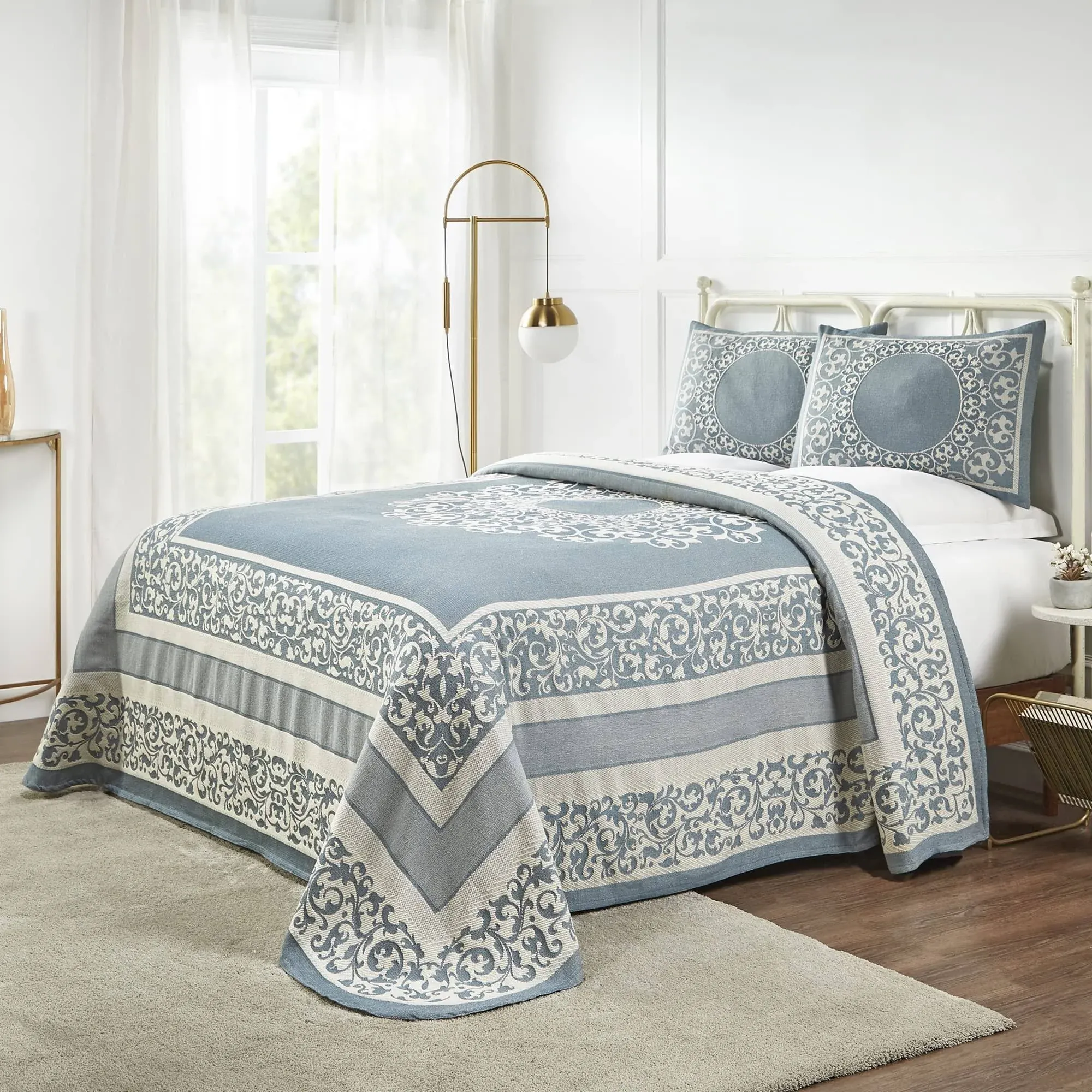 SUPERIOR Cotton Blend Bedspread Set, Includes Oversized Bedspread & 2 Matching Pillow Shams, Light Weight, Bedding Decor, Jacquard Vintage Floral Mandala, Lyron Collection, Queen, Cerulean Blue