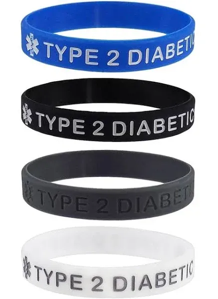 TYPE 2 DIABETIC Medical Alert ID Silicone Bracelets Adult Size (4 Pack)