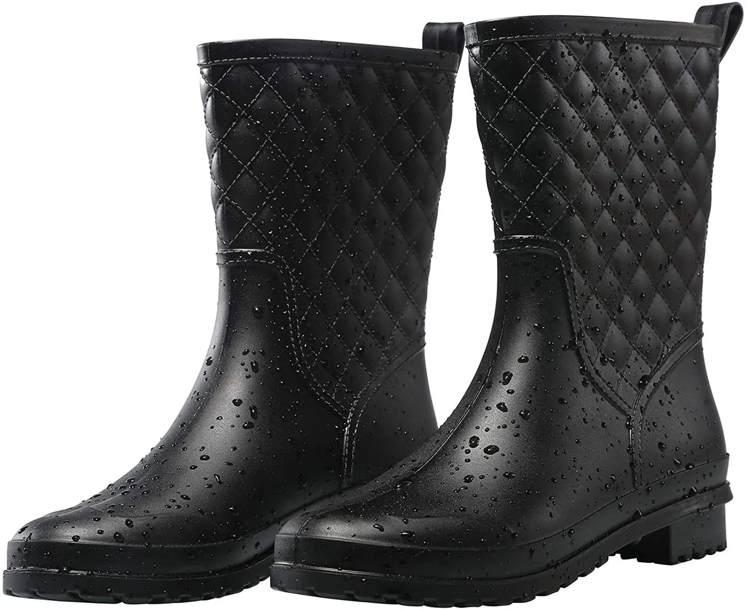 Petrass Women Rain Boots Black Waterproof Mid Calf Lightweight Cute Booties ...