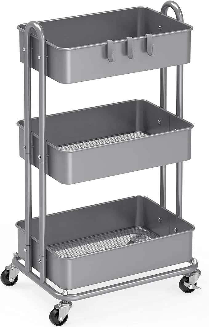 SONGMICS Rolling Cart, 3-Tier Storage Cart, Storage Trolley with Handle 2 Small Organizers, Steel Frame, Plastic Baskets, Utility Cart, Easy Assembly, for Bathroom Laundry Room, White UBSC067W01