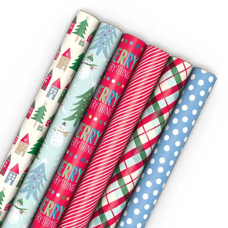 Hallmark Cute Recyclable Christmas Wrapping Paper (6 Rolls: 180 Sq. Ft. Total) Red, Blue, Green Plaid, Merry Everything, Colorful Houses, Snowmen and Trees, Dots, Stripes