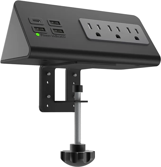 Nightstand Edge Mount Power Strip with USB-C Ports Tabletop Surge Protector Desk Clamp Power Sockets with 3 AC Outlets &4 Fast Charging USB Ports for Home Office Hotel and Dormitory