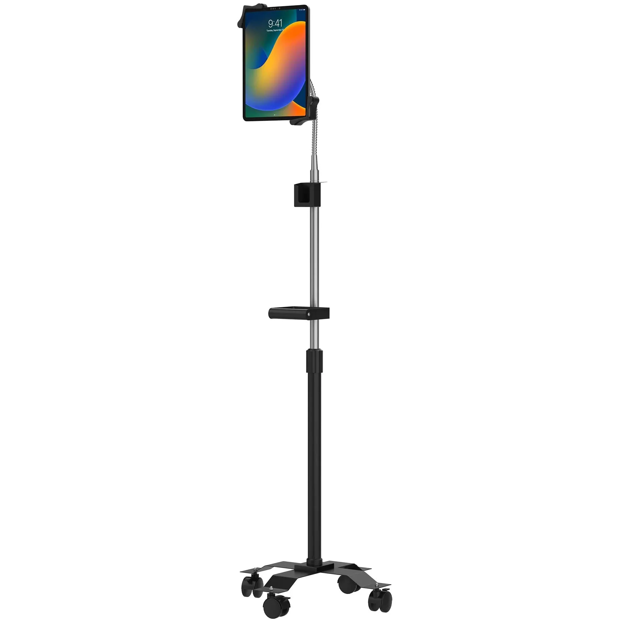 Mobile Floor Stand – CTA Compact, Adjustable Gooseneck Floor Stand with Handle & Swivel Casters for iPad Gen 7-10, iPad Air 4, 12.9”, Surface Pro, Zebra Tablets, & Other 7-13” Tablets (PAD-CGSH)