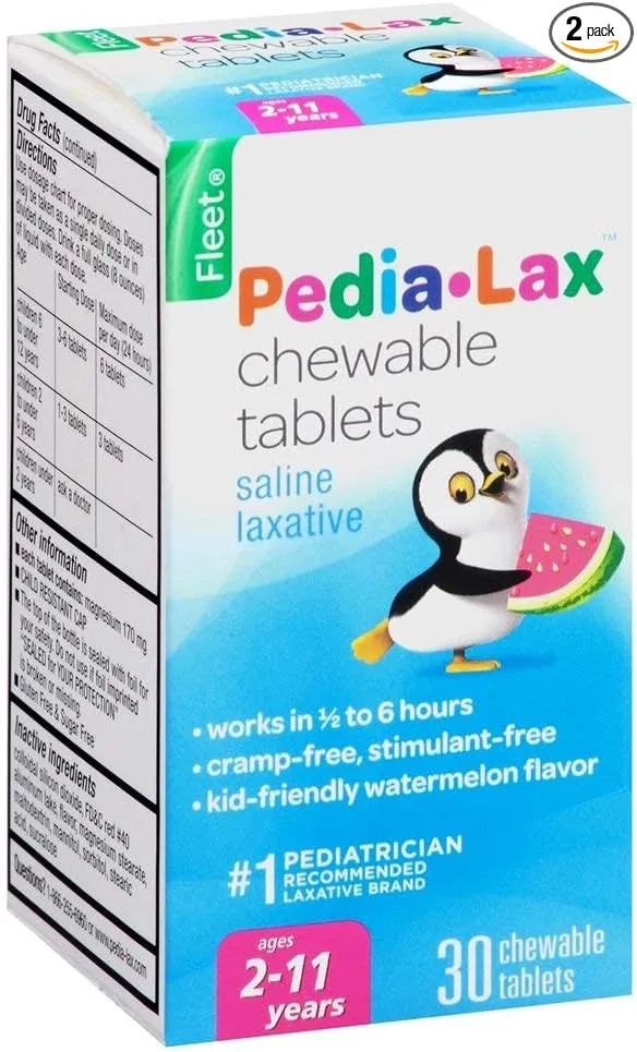 Pedia-Lax Laxative Chewable Tablets for Kids, Ages 2-11, Watermelon Flavor, 30 CT (2 Pack)