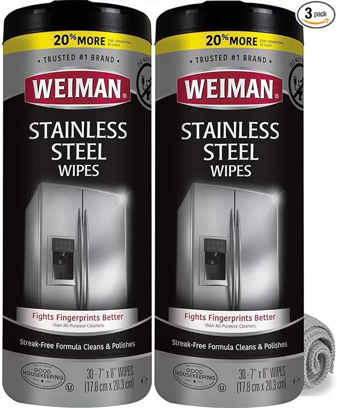 Weiman Stainless Steel Cleaner and Polish Wipes Bundle with Microfiber Cloth-Removes Fingerprints, Water Marks and Grease from Appliances - Works Great on Refrigerators, Ovens, and Grills