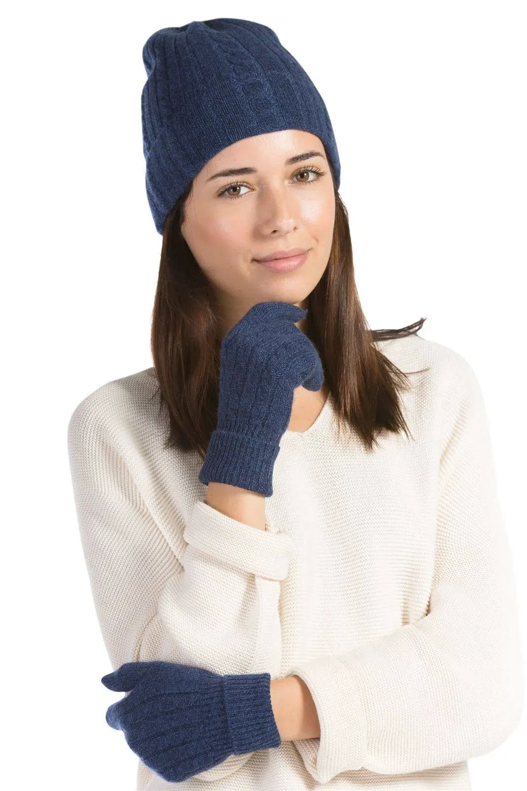 "Women's 2pc 100% Pure Cashmere Cable Knit Hat & Glove Set with Gift Box"