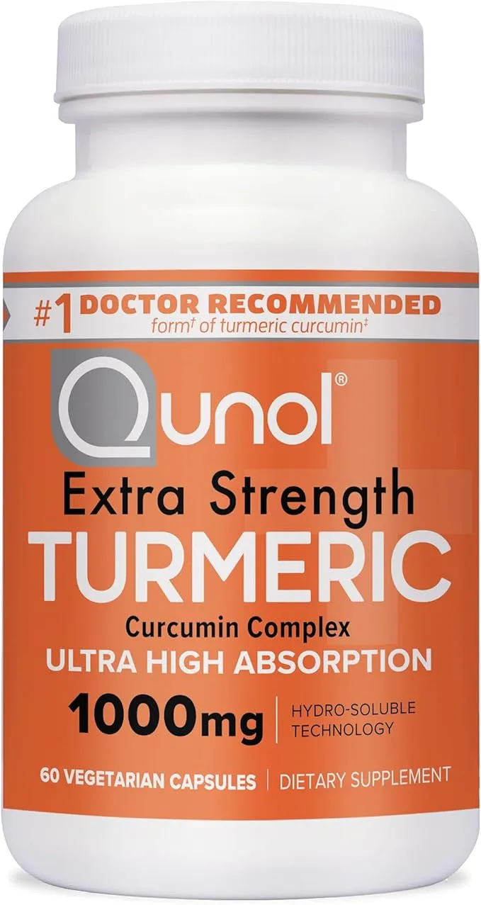 Qunol Turmeric Curcumin Capsules, 1000mg Extra Strength Supplement, Patented Hydro-Soluble Technology, Alternative to Turmeric Curcumin with Black Pepper, 60 Veggie Capsules