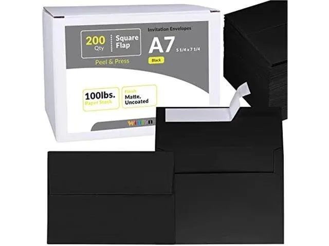 200 Pcs Black A7 Invitation Envelopes 5 1/4 x 7 1/4 Square Flap Envelopes Peel & Seal Self Seal 100lb. for Wedding Shower Bussiness Graduation Invitat