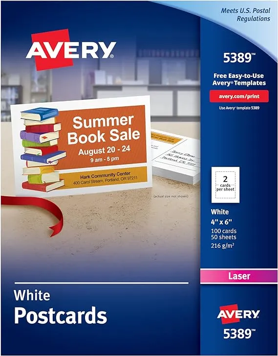 Avery Printable Cards, Laser Printers, 100 Cards, 4 x 6, U.S. Post Card Size (5389)