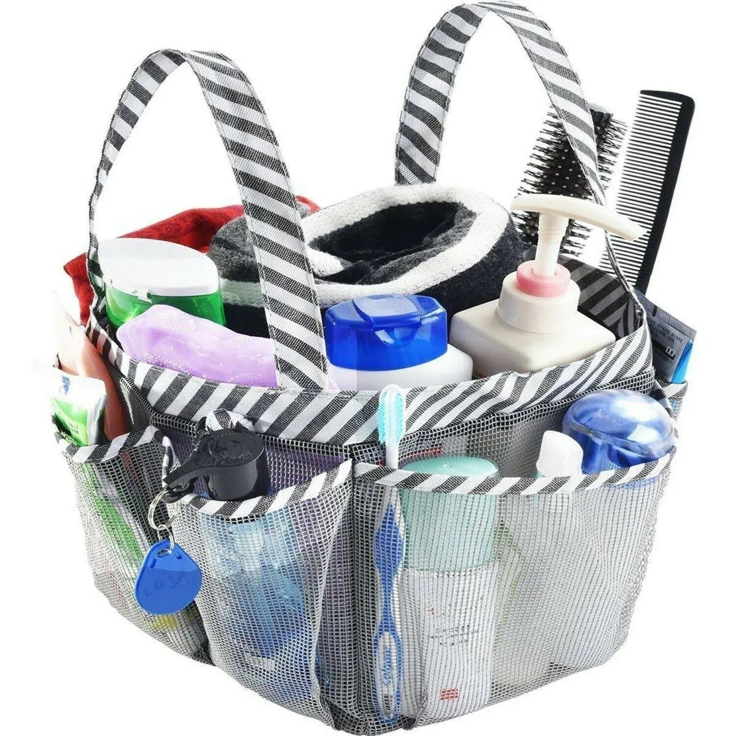 Haundry Mesh Shower Caddy Bag, Portable College Dorm Bathroom Tote, Quick Dry Holder for Camp Gym, 8 Basket Pockets with Key Hook and 2 Oxford Handles, Gray