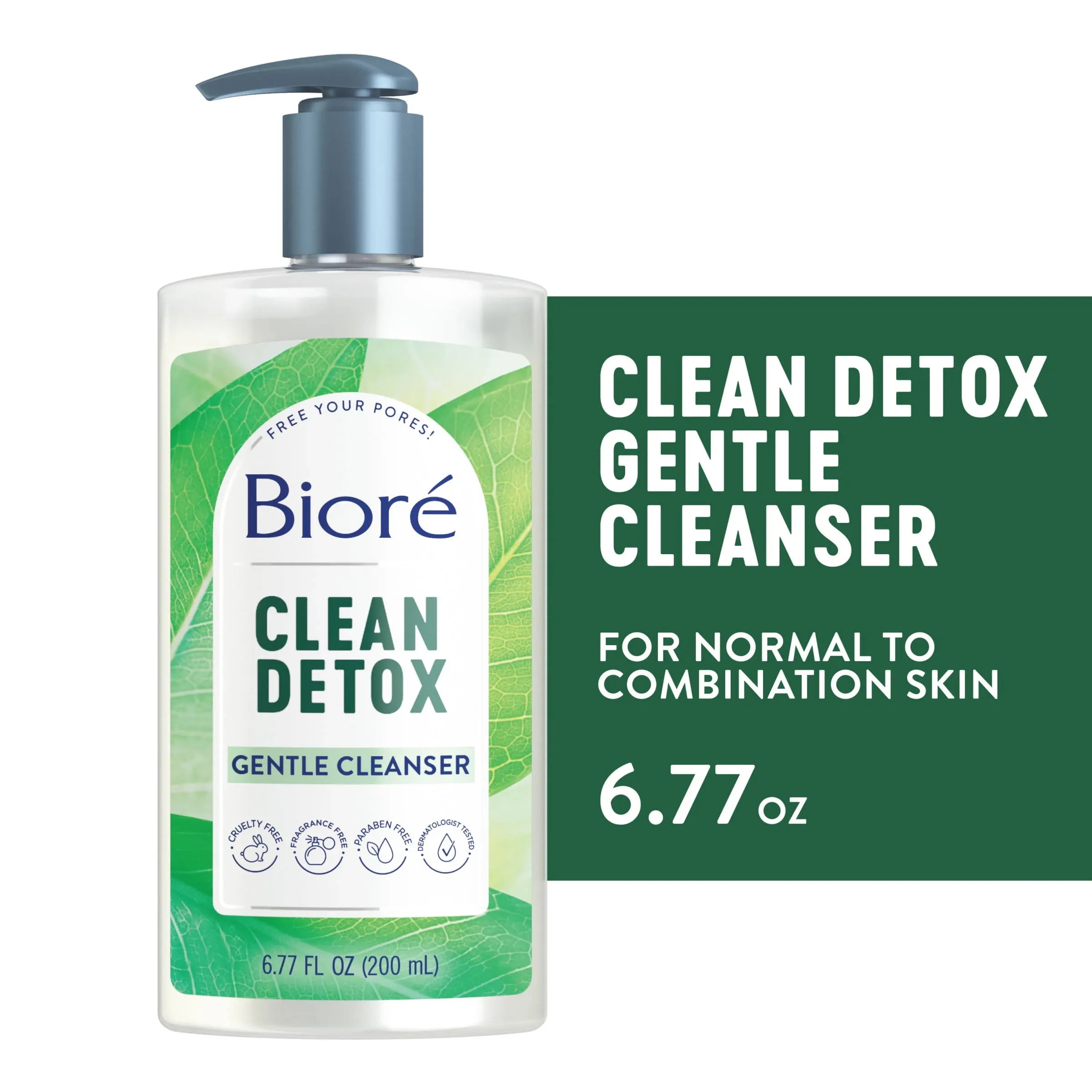 Biore Clean Detox Gentle Face Cleanser, Daily Face Wash, Cleansing Detox, Sensitive Skin Cleanser, 6.77 oz