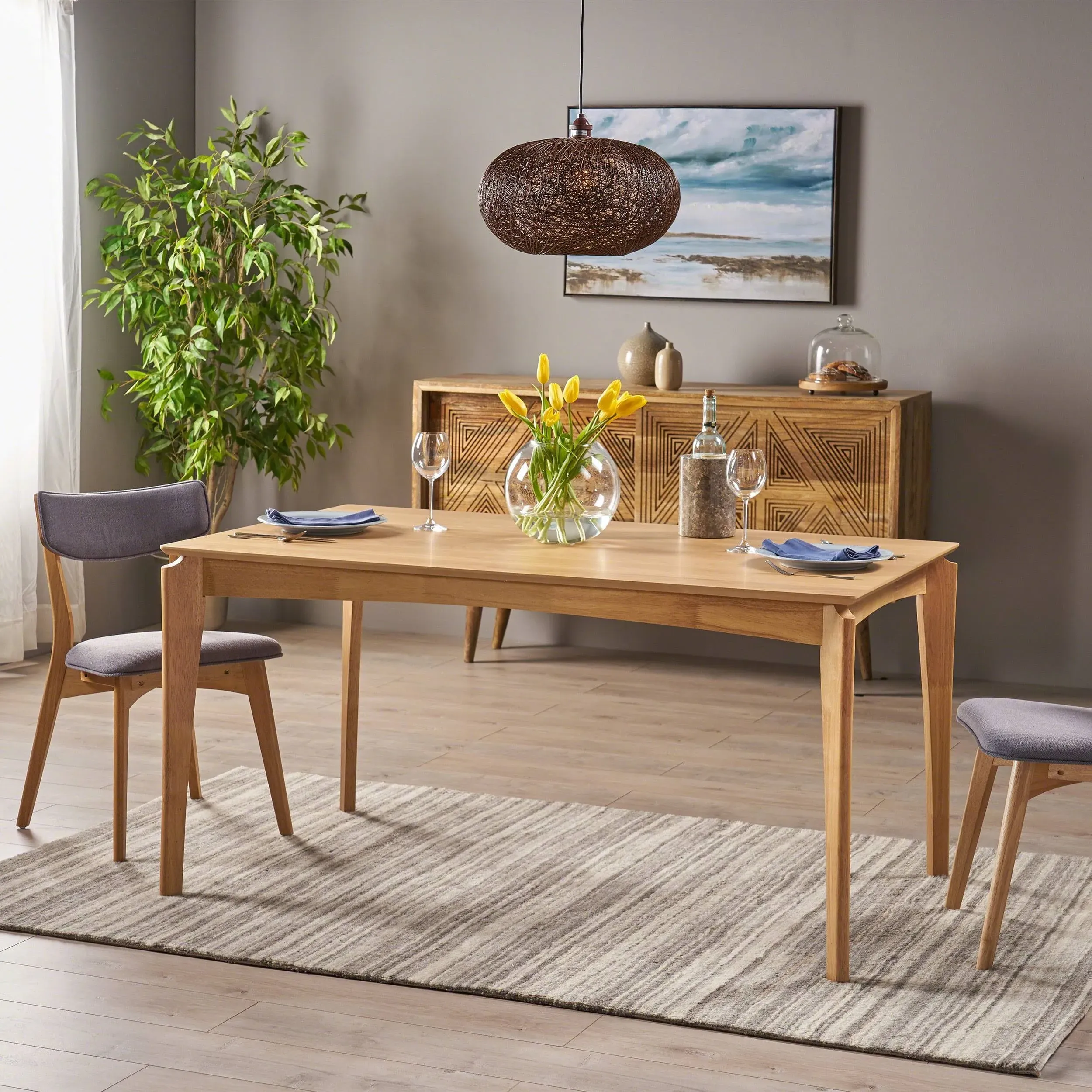 Christopher Knight Home Alma Dining Table, 6-Seater, Rubberwood with Walnut Veneer, Mid-Century, Natural Oak Finish