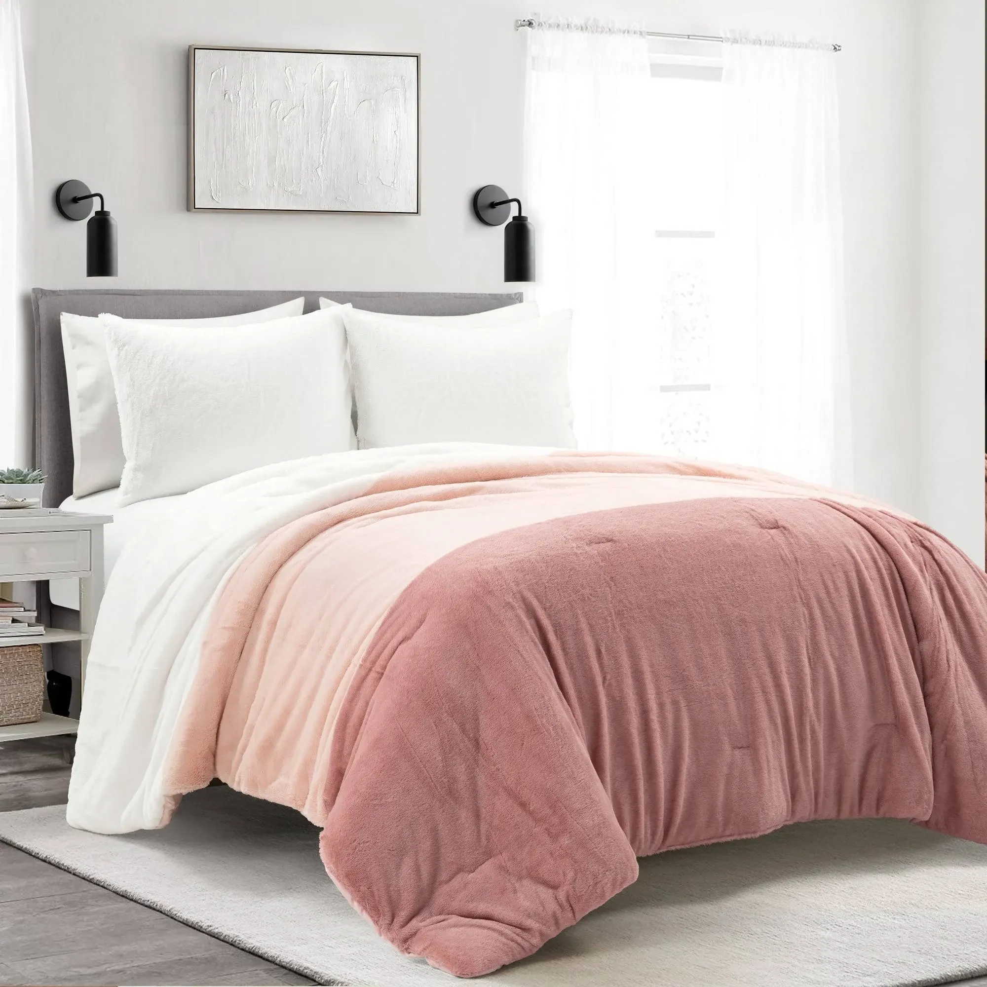 Lush Decor Farmhouse Color Block Faux Fur Comforter Set