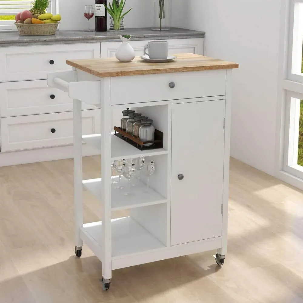 Tileon White Kitchen Island Cart with Rolling Wheel & Wood Table Top & Towel Rack ...