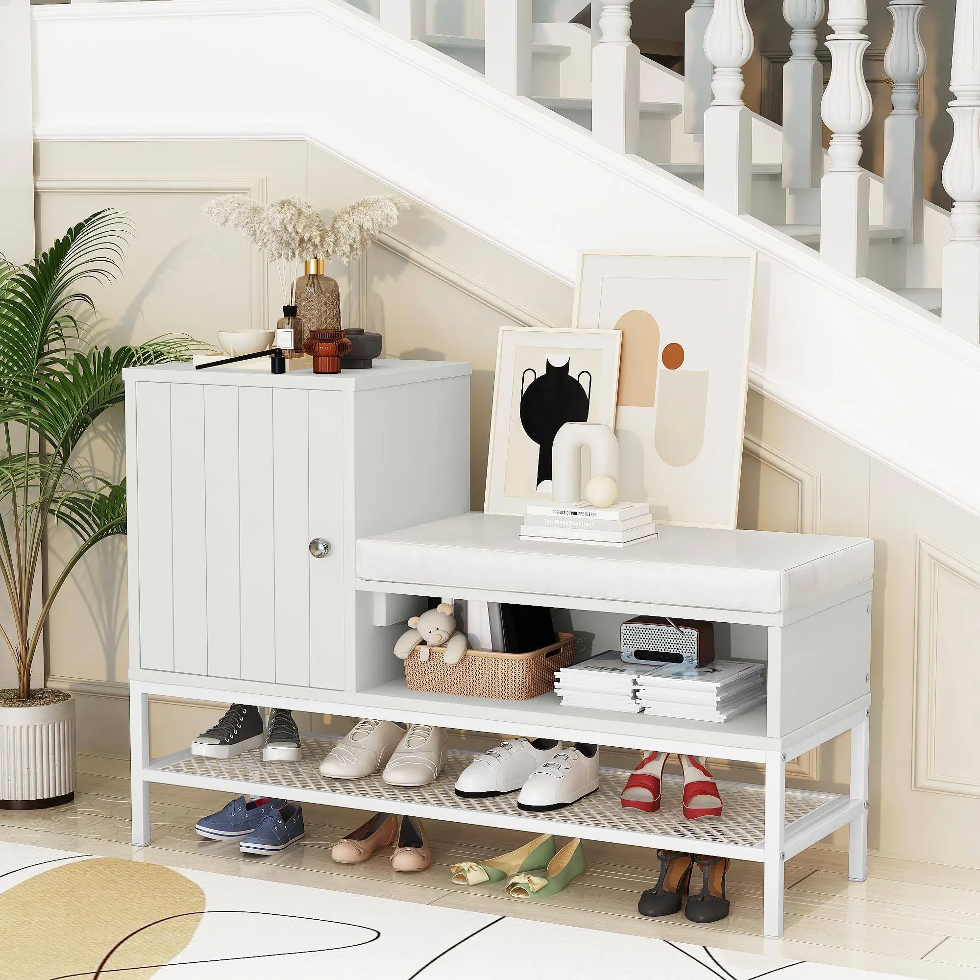 Shoe Storage Bench with Rattan Door Shoe Cabinet and Adjustable Shelves