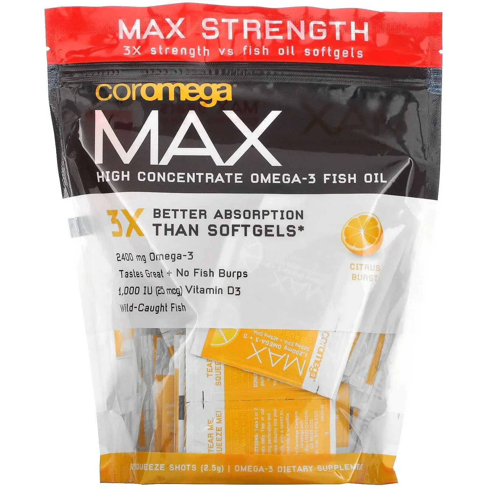 Coromega MAX High Concentrate Omega 3 Fish Oil, 2400mg Omega-3s with 3X Better Absorption Than Softgels, 60 Single Serve Packets, Citrus Burst Flavor; Anti Inflammatory Supplement with Vitamin D