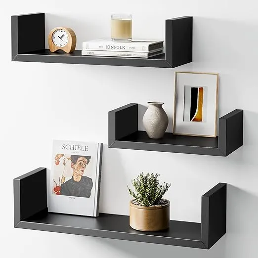 AMADA HOMEFURNISHING Floating Shelves Wall Mounted, Wall Shelf for Bedroom/Bathroom/Living Room/Kitchen, Black Shelves 3 Sizes, U-Shaped - AMFS18B