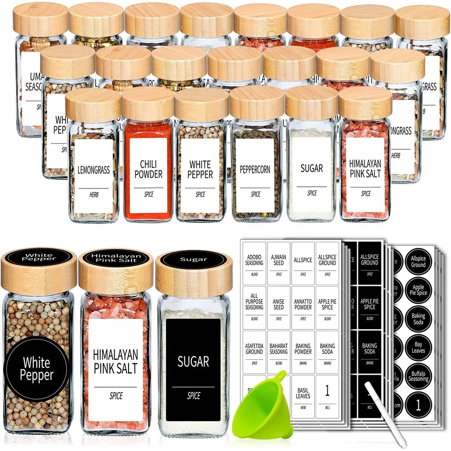 48 Spice Jars with Labels- Spice Jars with Bamboo Lids - 4 Oz Glass Spice Contai