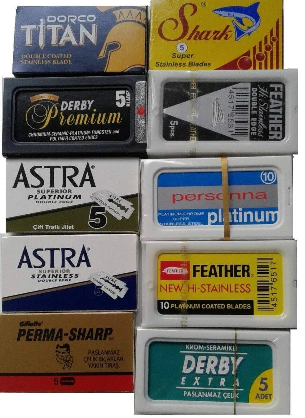 NEW 100 Shaving Safety Razor Double Edge Blades of 10 Top Brands - Feather ASTRA PERSONNA.Sampler Pack